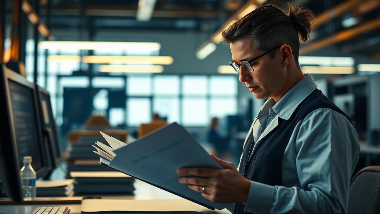 Compliance auditor reviewing document binders and checklists in a factory office