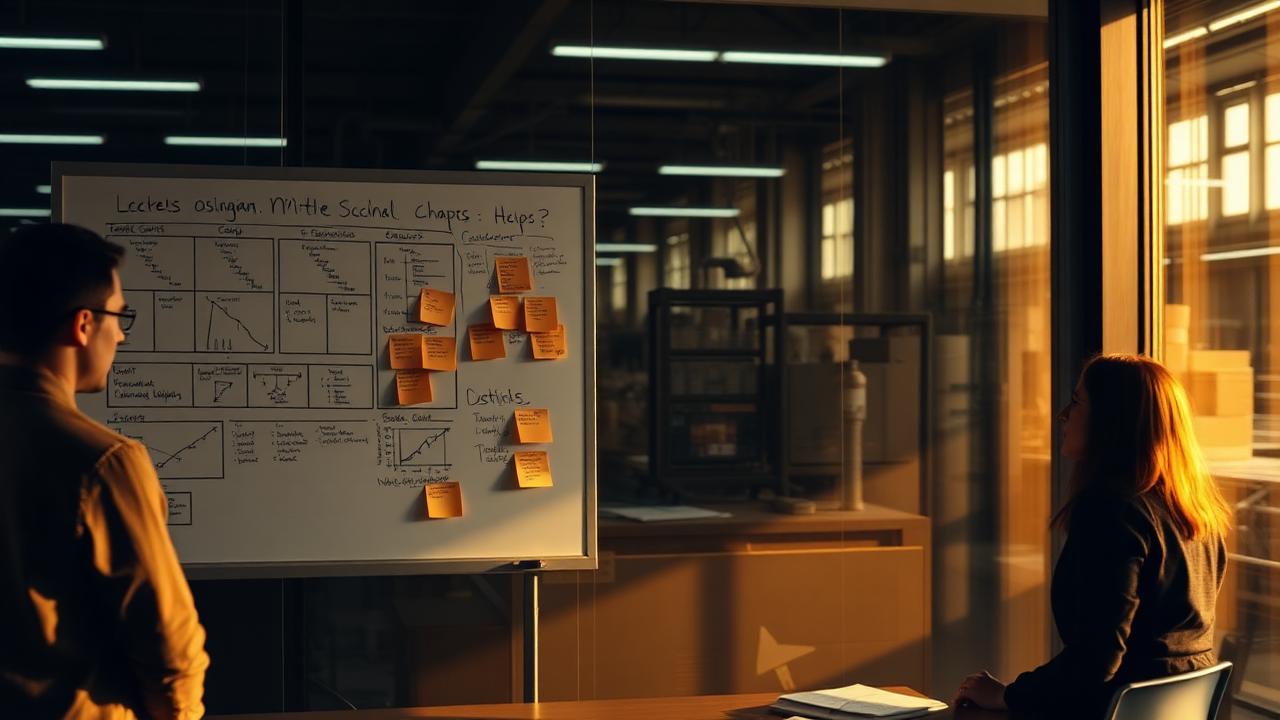 Lean Six Sigma workshop whiteboard with control charts and sticky notes beside a factory floor