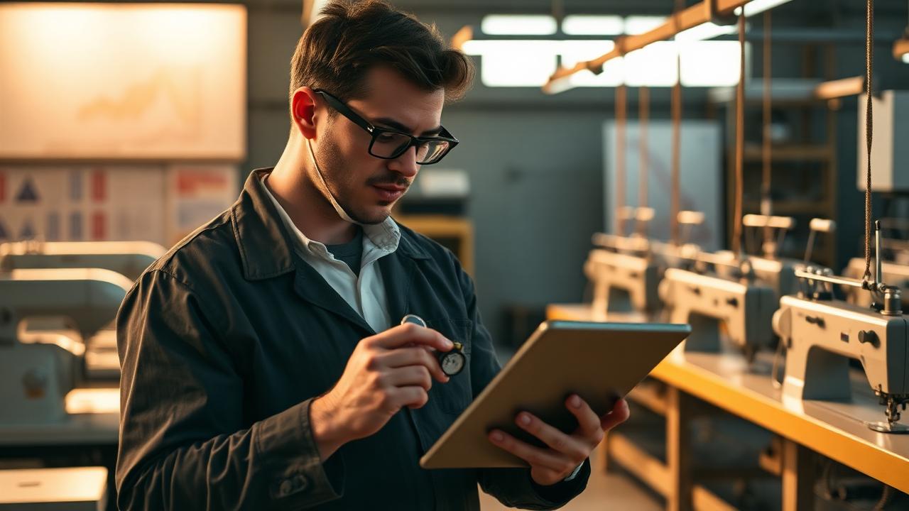 Industrial engineer with a stopwatch and tablet observing a sewing line