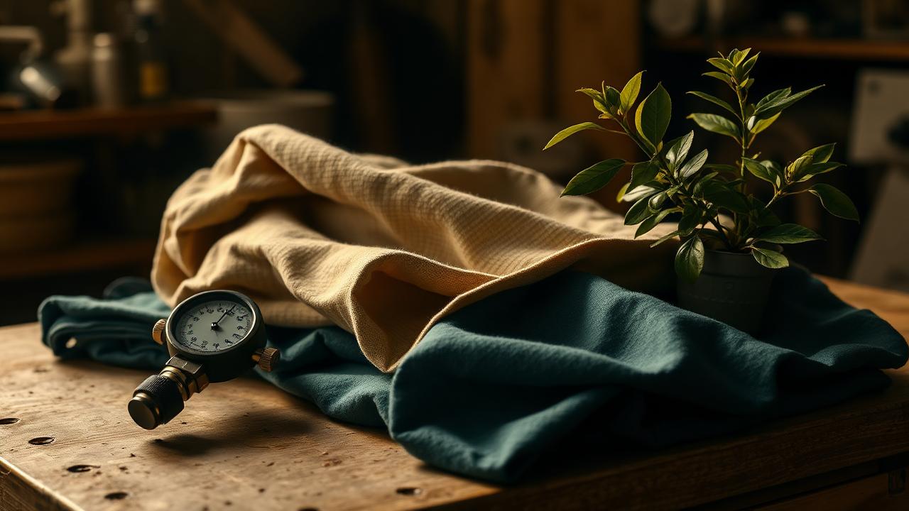 Sustainable textile swatches with a water gauge and a green plant on a workbench