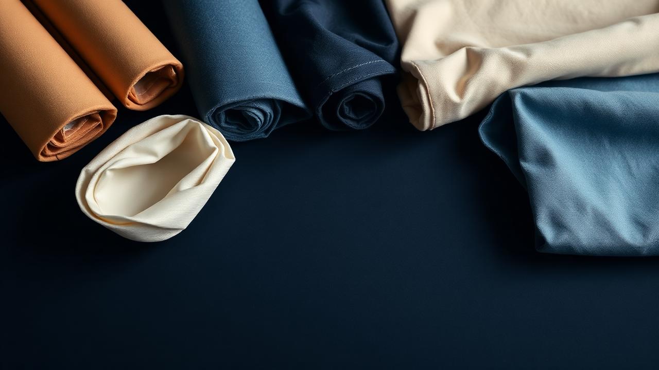 Rolls of cotton, denim, jersey and polyester fabric arranged on a dark studio table