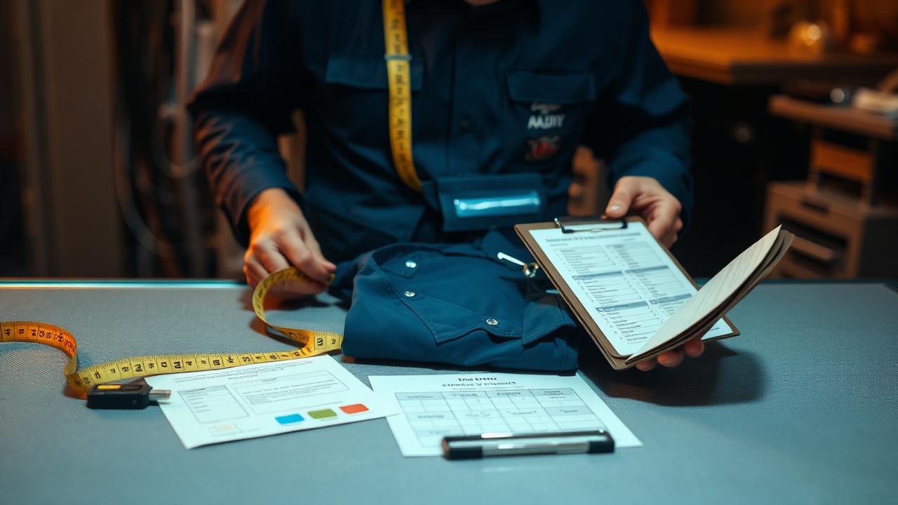 Quality inspector measuring a folded navy shirt on a lit inspection table