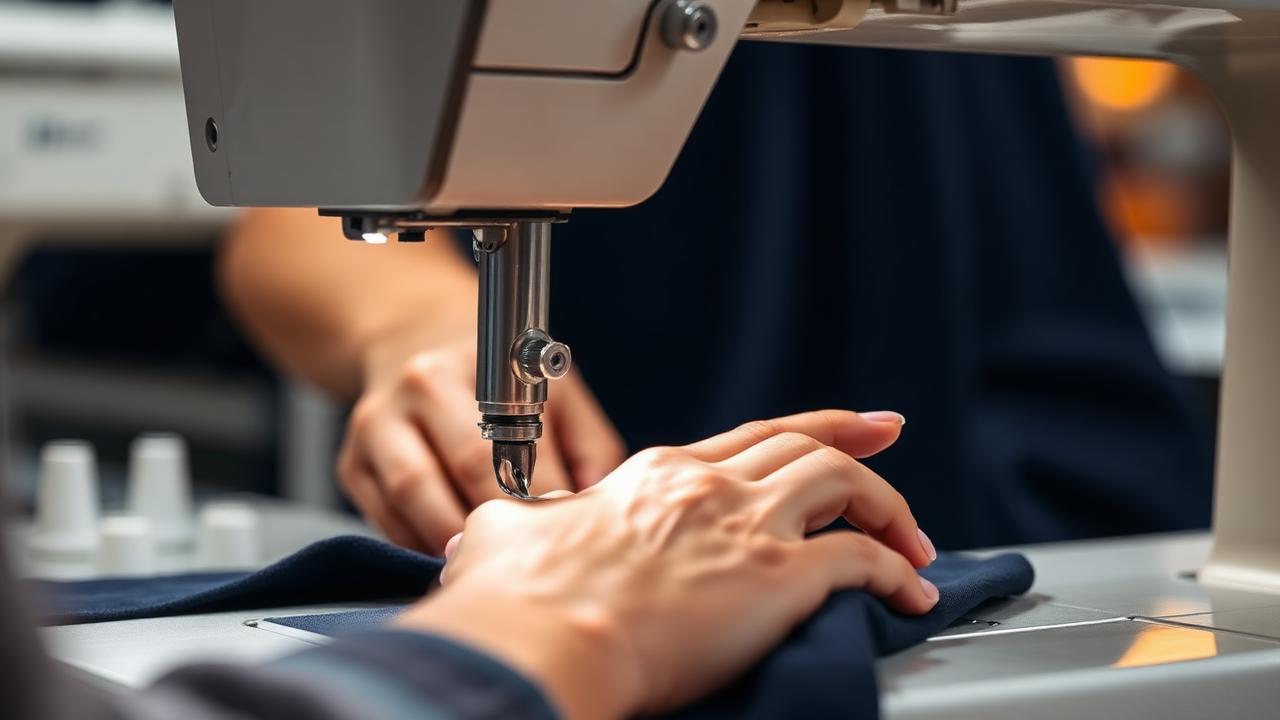 Operator guiding navy fabric under an industrial sewing machine needle