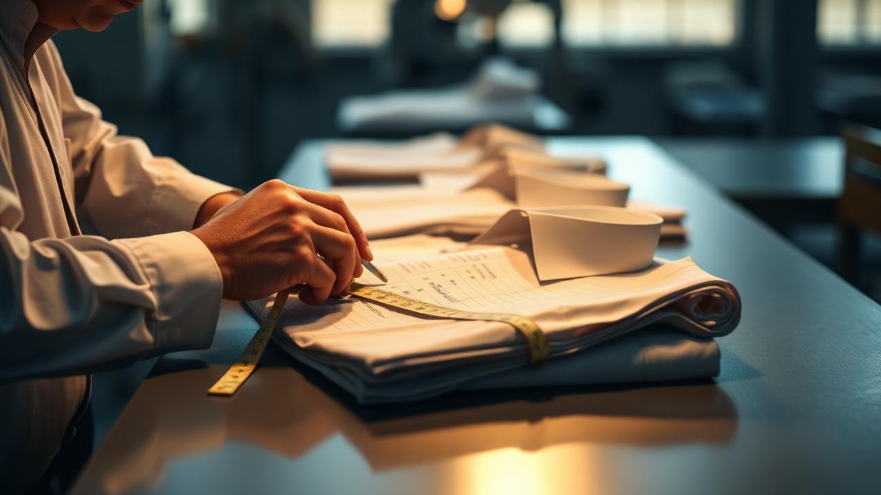 Quality inspector measuring a folded shirt beside an inspection tally sheet on a factory inspection table