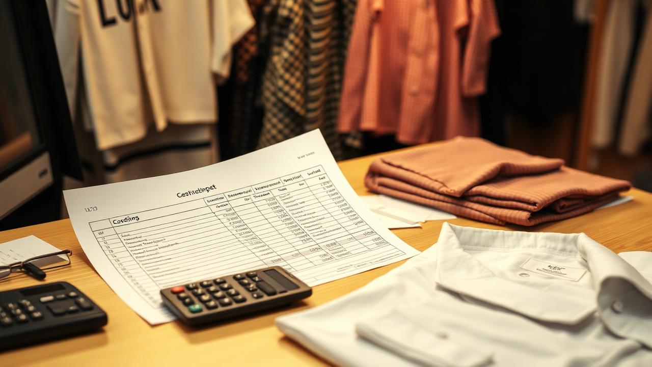 Garment costing sheet, calculator, fabric swatches and a shirt sample on a merchandiser's desk