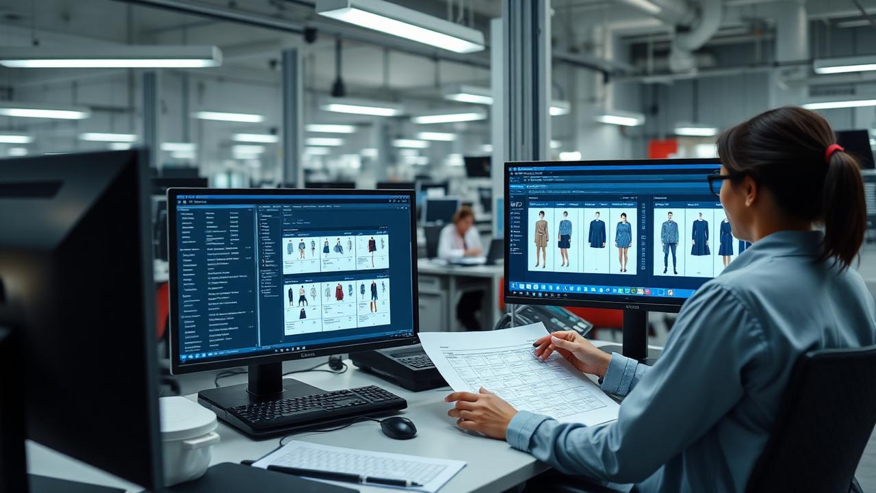 Apparel planner reviewing style development screens on two monitors in a factory planning office