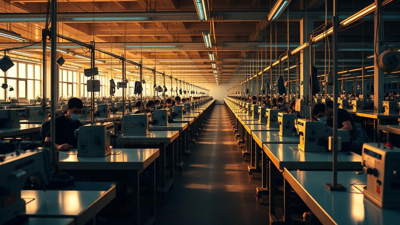 Long balanced sewing line with operators at machines in a modern garment factory