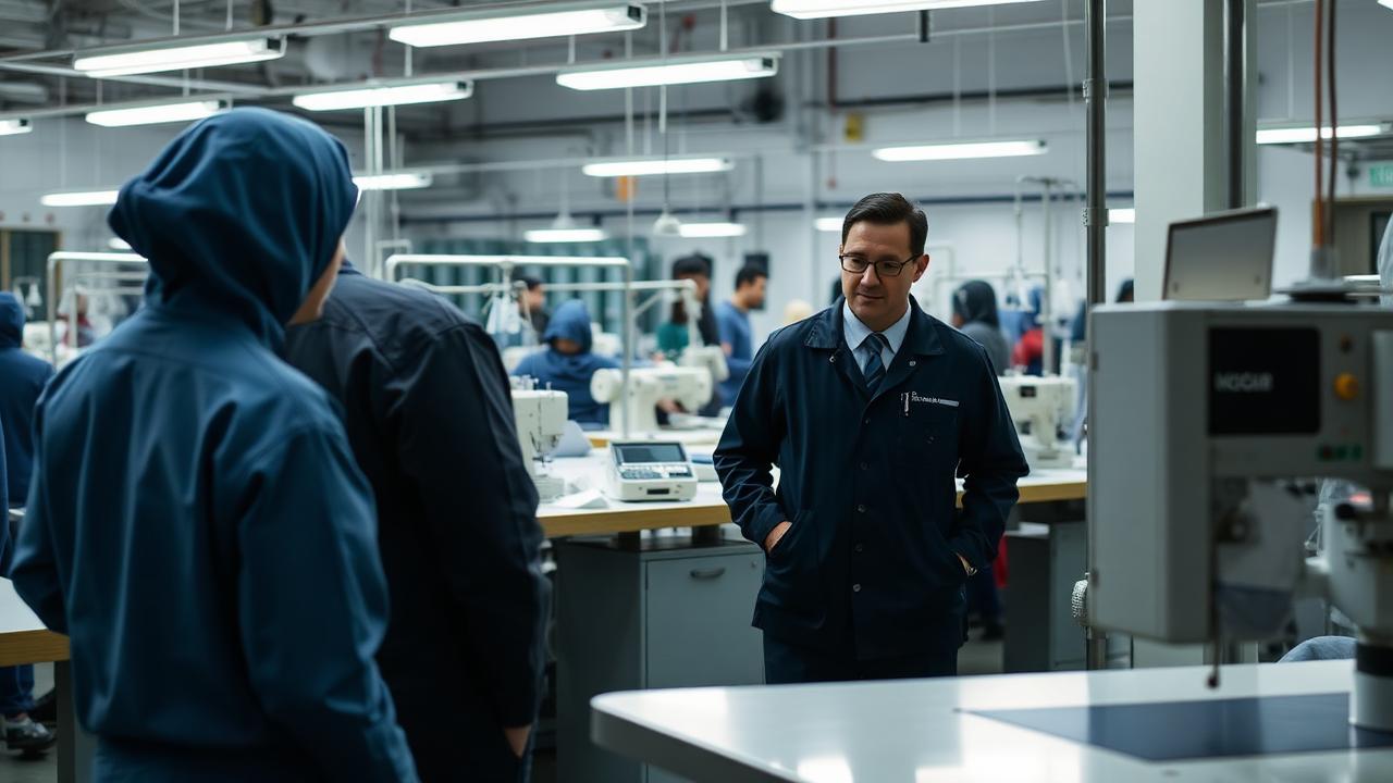 Supervisor and operators at a metal detection and needle control station in a garment finishing area