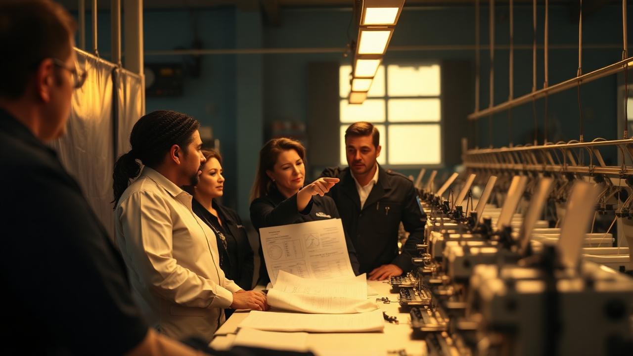 Supervisor and operators discussing charts in a short huddle beside a production line